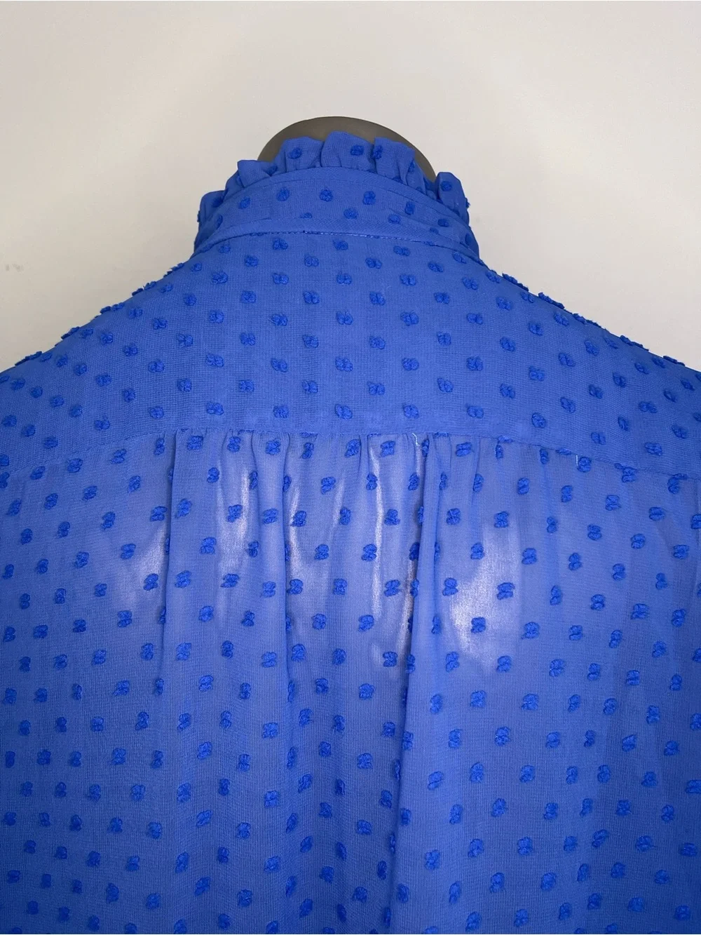 J. Crew Blouse 12 Blue Sheer Swiss Dot Ruffle High-Neck Keyhole Long Sleeve